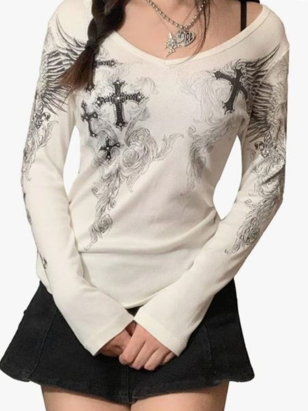 VOCAL White and Black Long Sleeve Top with Black Crosses and Jewels Gothic Y2k